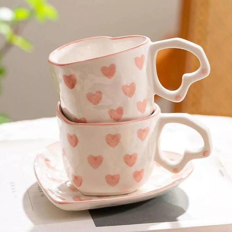 home creative Valentine's Day cup Heart-shaped ceramic coffee cup set Romantic Valentine's Day pink love ceramic coffee cup set home creative Valentine's Day cup Heart-shaped ceramic coffee cup set Romantic Valentine's Day pink love ceramic coffee cup set